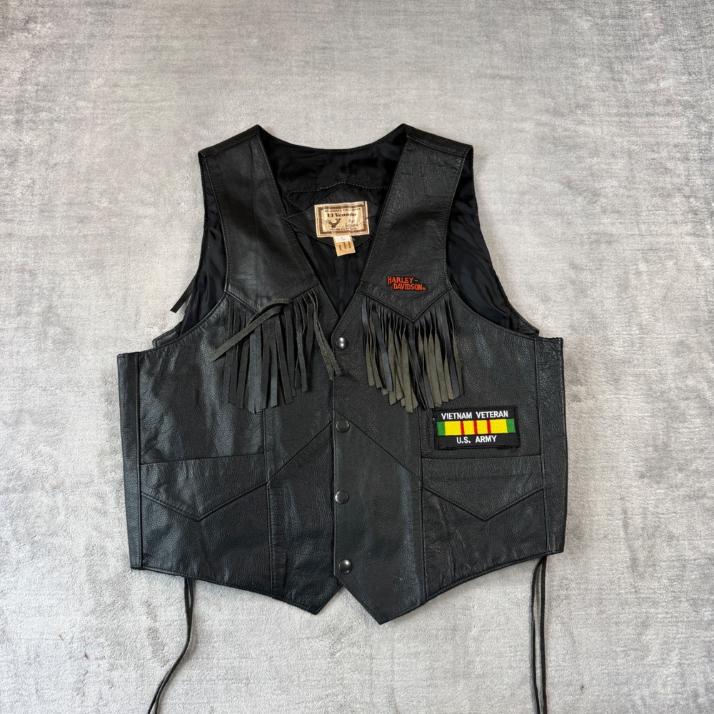 Vintage Leather Vest Mens Large Black Fringe Harley Davidson Vietnam Vet Biker